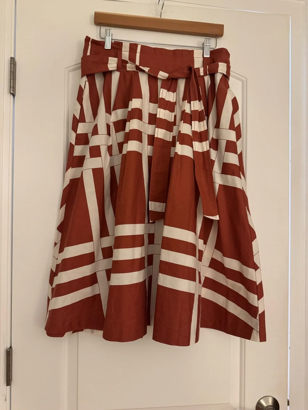 Ann Taylor Women's Brown and  White Striped Midi Skirt with Tie Waist and pocket